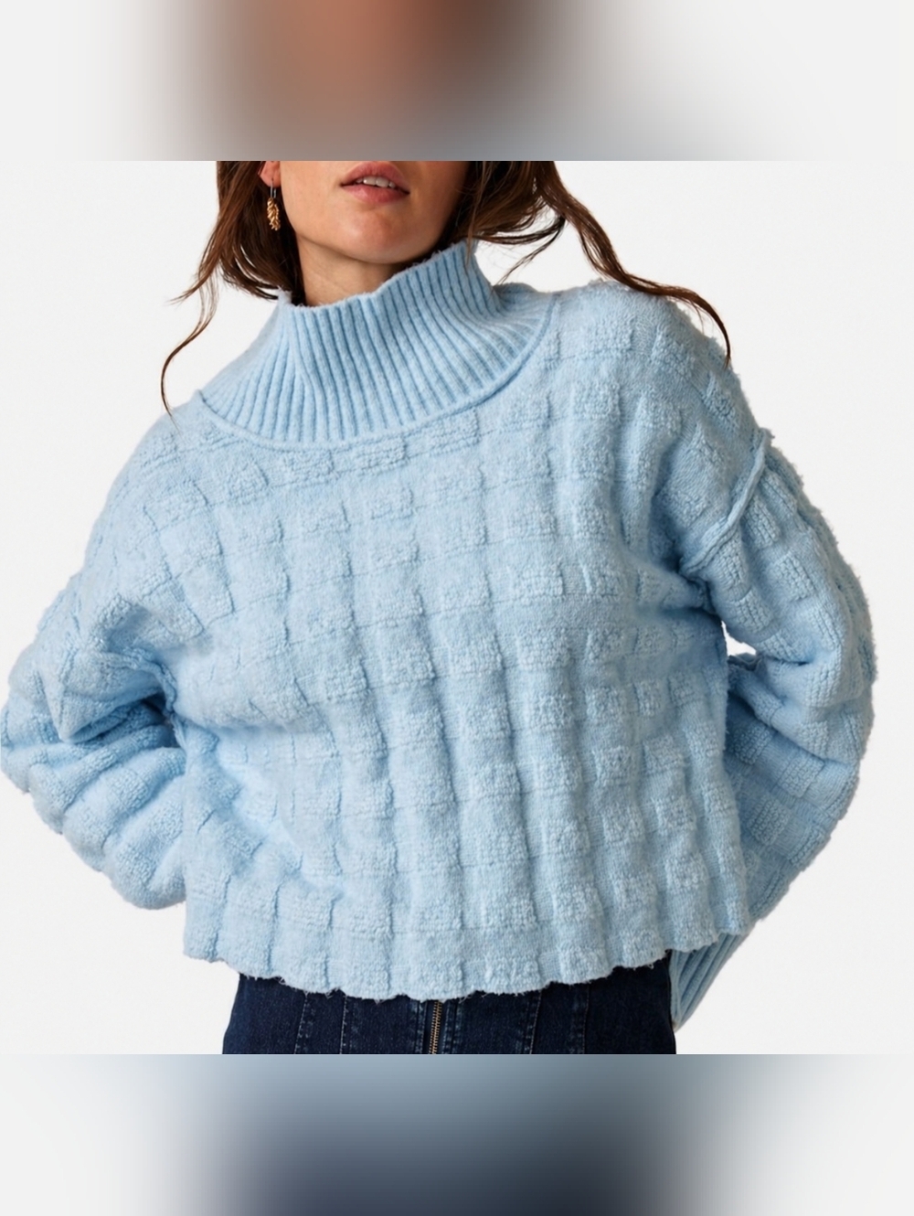 We The Free Pale Blue Textured Mock Turtleneck Sweater